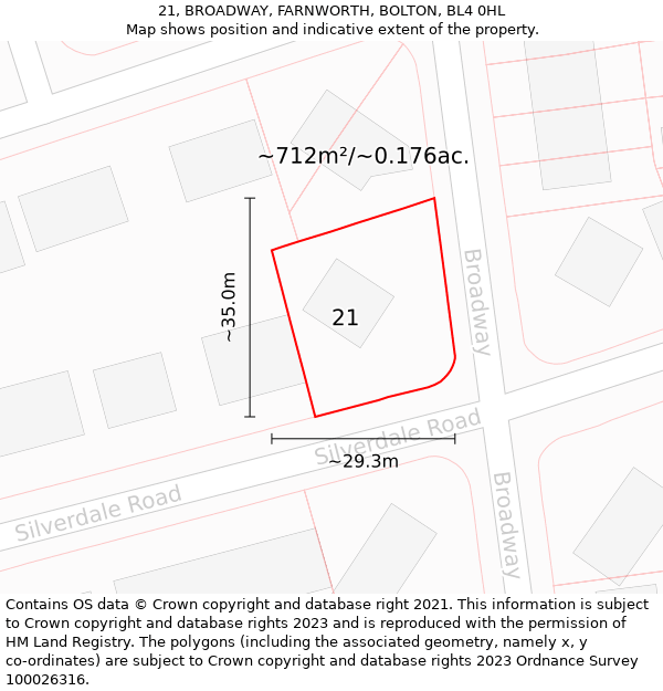 21, BROADWAY, FARNWORTH, BOLTON, BL4 0HL: Plot and title map