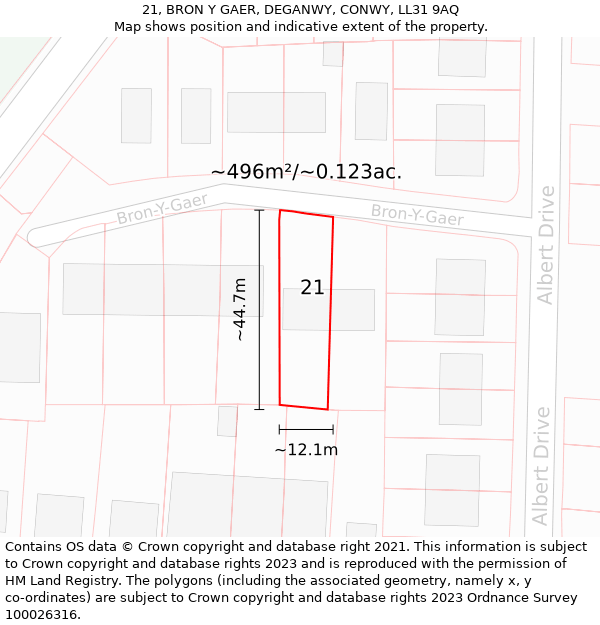 21, BRON Y GAER, DEGANWY, CONWY, LL31 9AQ: Plot and title map