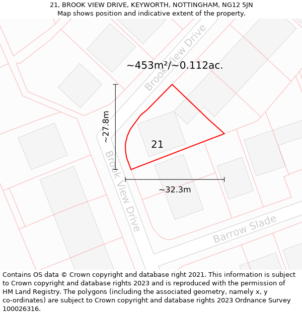 21, BROOK VIEW DRIVE, KEYWORTH, NOTTINGHAM, NG12 5JN: Plot and title map