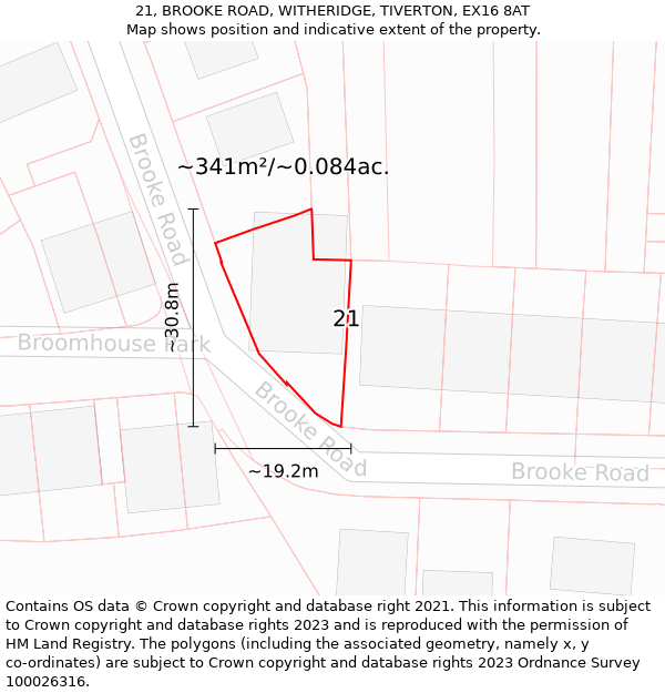 21, BROOKE ROAD, WITHERIDGE, TIVERTON, EX16 8AT: Plot and title map