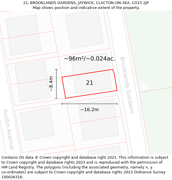 21, BROOKLANDS GARDENS, JAYWICK, CLACTON-ON-SEA, CO15 2JP: Plot and title map