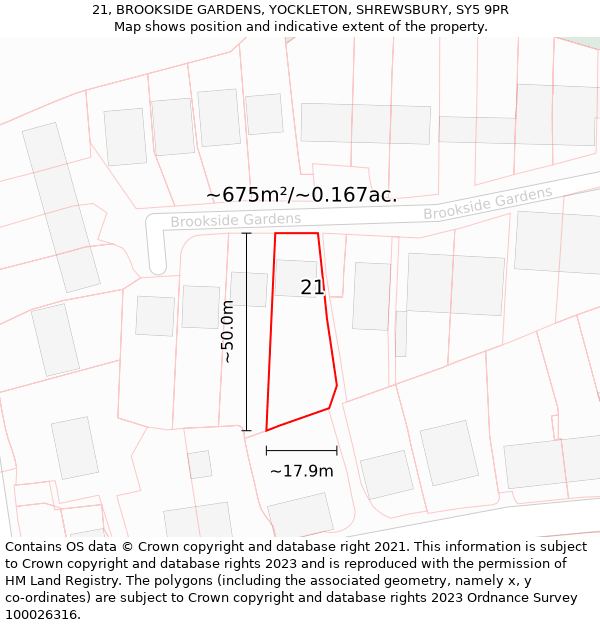 21, BROOKSIDE GARDENS, YOCKLETON, SHREWSBURY, SY5 9PR: Plot and title map