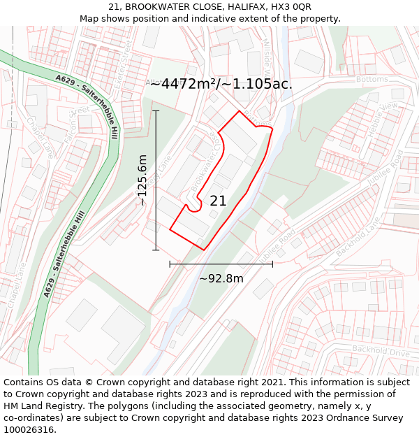 21, BROOKWATER CLOSE, HALIFAX, HX3 0QR: Plot and title map