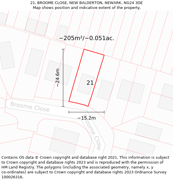 21, BROOME CLOSE, NEW BALDERTON, NEWARK, NG24 3DE: Plot and title map