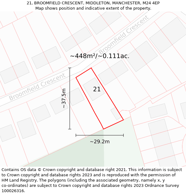 21, BROOMFIELD CRESCENT, MIDDLETON, MANCHESTER, M24 4EP: Plot and title map