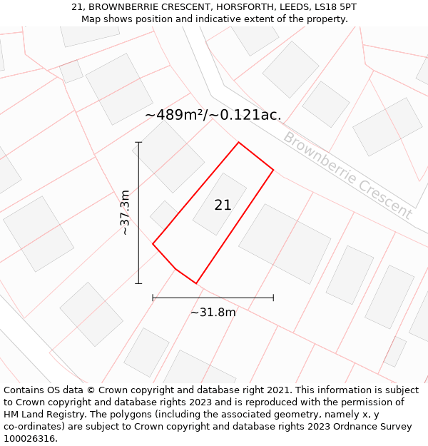 21, BROWNBERRIE CRESCENT, HORSFORTH, LEEDS, LS18 5PT: Plot and title map