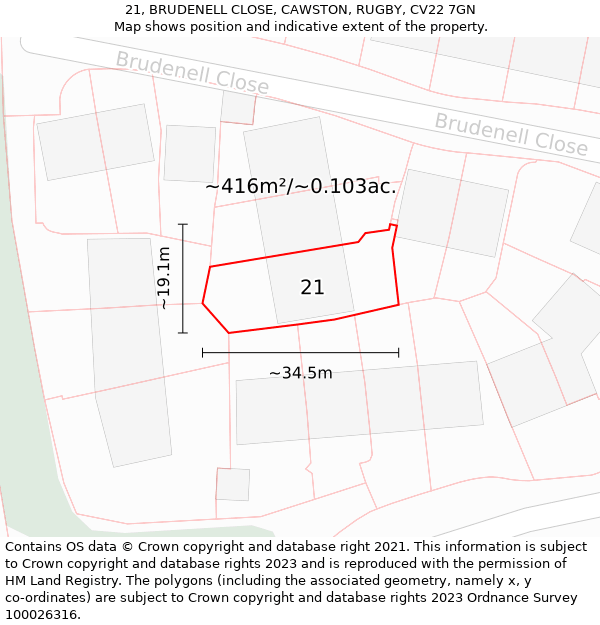 21, BRUDENELL CLOSE, CAWSTON, RUGBY, CV22 7GN: Plot and title map