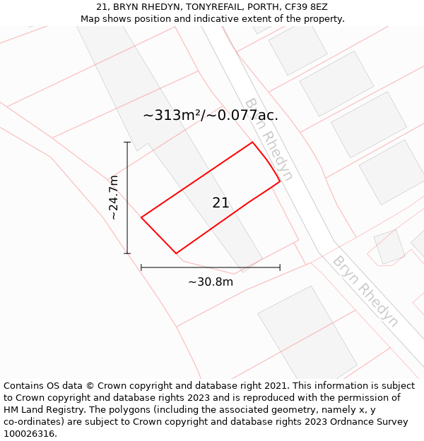 21, BRYN RHEDYN, TONYREFAIL, PORTH, CF39 8EZ: Plot and title map