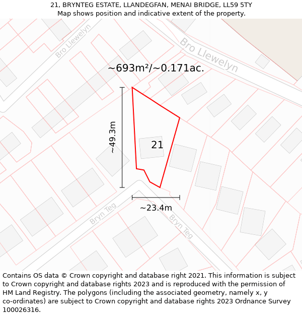 21, BRYNTEG ESTATE, LLANDEGFAN, MENAI BRIDGE, LL59 5TY: Plot and title map