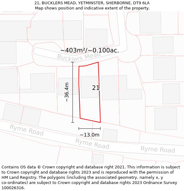 21, BUCKLERS MEAD, YETMINSTER, SHERBORNE, DT9 6LA: Plot and title map