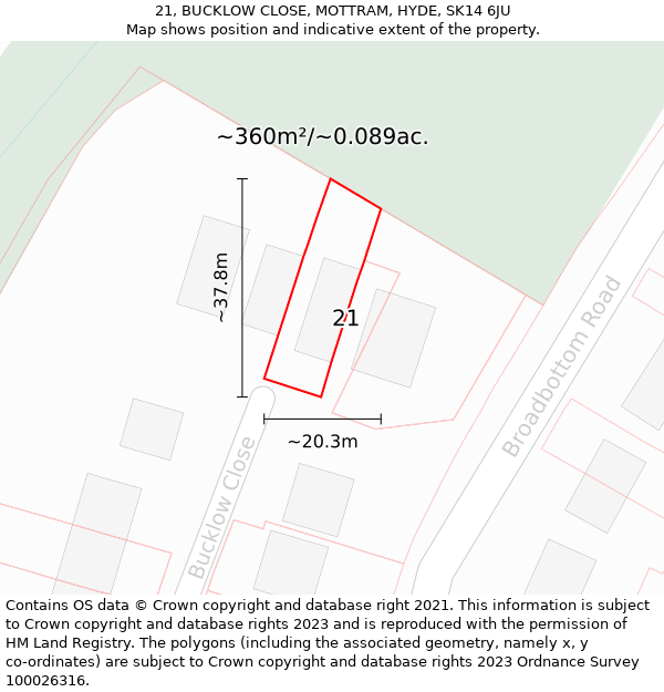 21, BUCKLOW CLOSE, MOTTRAM, HYDE, SK14 6JU: Plot and title map