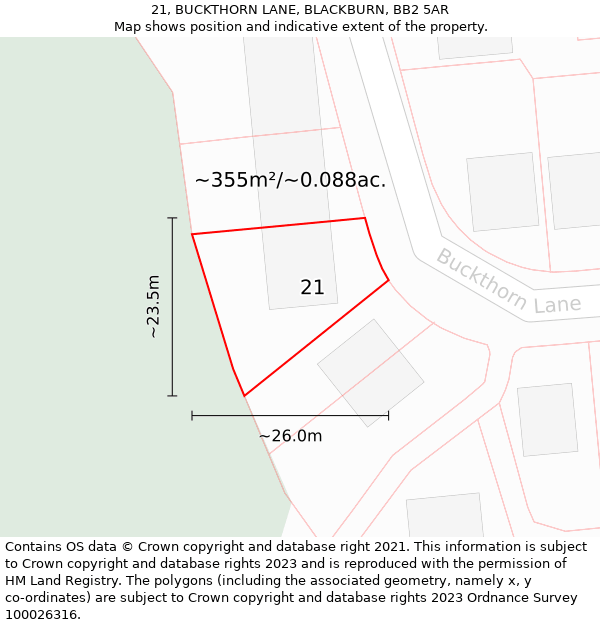 21, BUCKTHORN LANE, BLACKBURN, BB2 5AR: Plot and title map