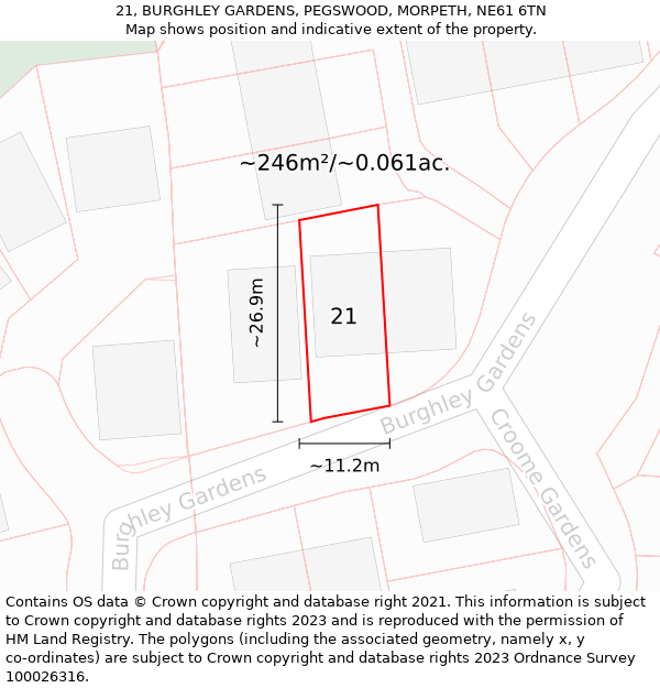 21, BURGHLEY GARDENS, PEGSWOOD, MORPETH, NE61 6TN: Plot and title map