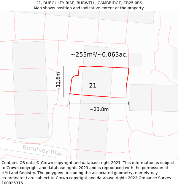 21, BURGHLEY RISE, BURWELL, CAMBRIDGE, CB25 0RS: Plot and title map