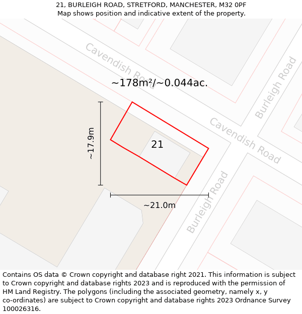 21, BURLEIGH ROAD, STRETFORD, MANCHESTER, M32 0PF: Plot and title map