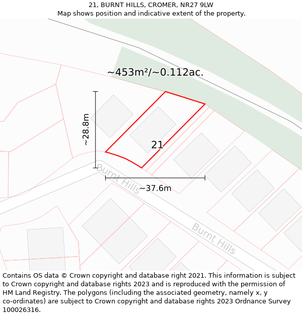 21, BURNT HILLS, CROMER, NR27 9LW: Plot and title map