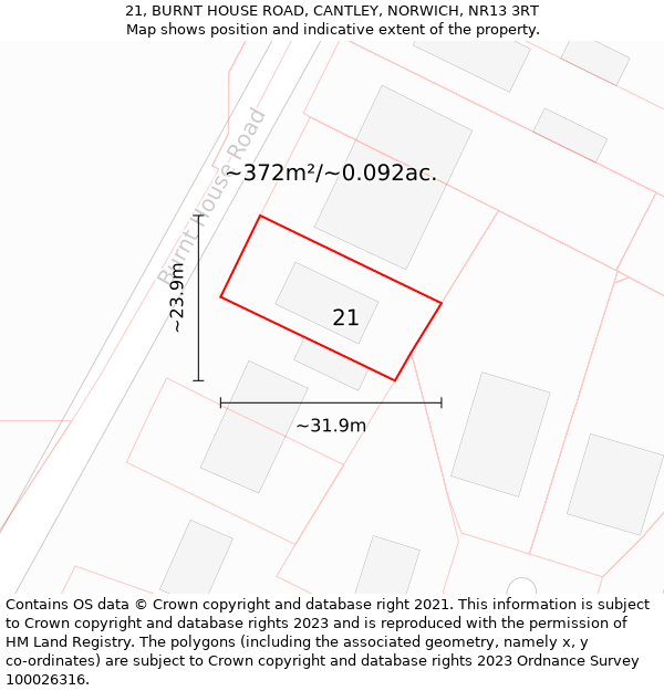 21, BURNT HOUSE ROAD, CANTLEY, NORWICH, NR13 3RT: Plot and title map