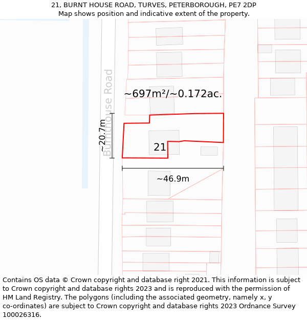 21, BURNT HOUSE ROAD, TURVES, PETERBOROUGH, PE7 2DP: Plot and title map