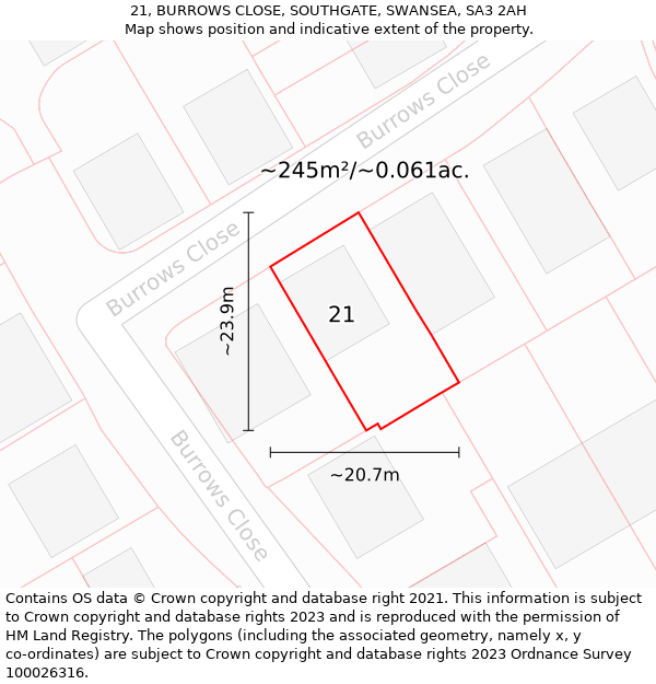 21, BURROWS CLOSE, SOUTHGATE, SWANSEA, SA3 2AH: Plot and title map