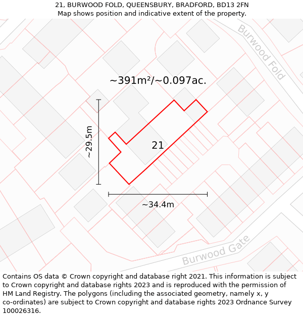 21, BURWOOD FOLD, QUEENSBURY, BRADFORD, BD13 2FN: Plot and title map