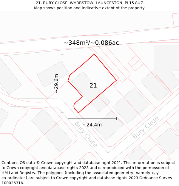 21, BURY CLOSE, WARBSTOW, LAUNCESTON, PL15 8UZ: Plot and title map