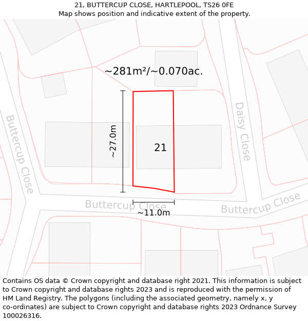 21, BUTTERCUP CLOSE, HARTLEPOOL, TS26 0FE: Plot and title map