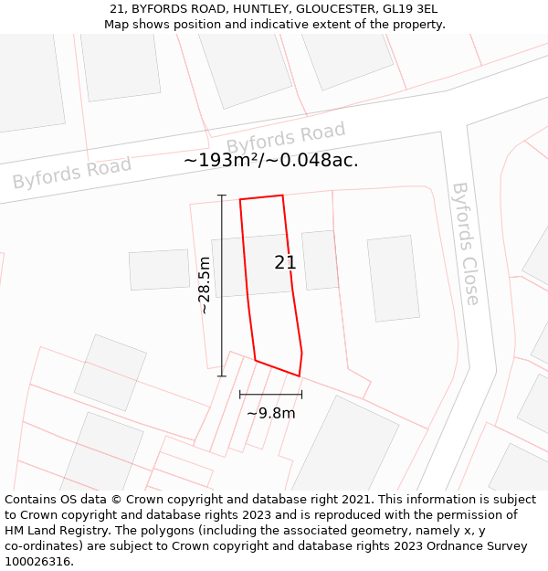 21, BYFORDS ROAD, HUNTLEY, GLOUCESTER, GL19 3EL: Plot and title map