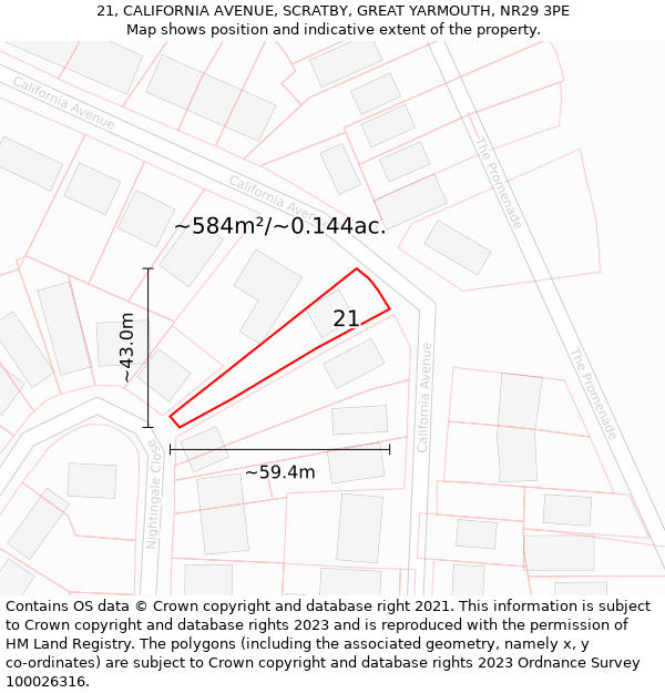 21, CALIFORNIA AVENUE, SCRATBY, GREAT YARMOUTH, NR29 3PE: Plot and title map