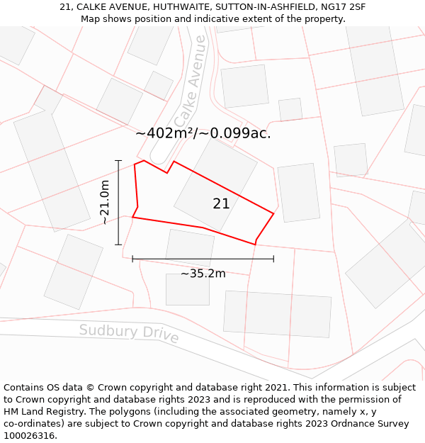 21, CALKE AVENUE, HUTHWAITE, SUTTON-IN-ASHFIELD, NG17 2SF: Plot and title map