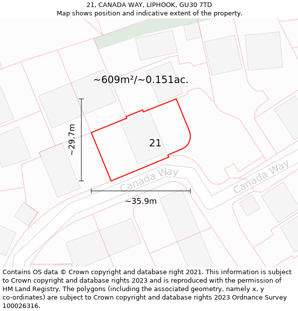 21, CANADA WAY, LIPHOOK, GU30 7TD: Plot and title map