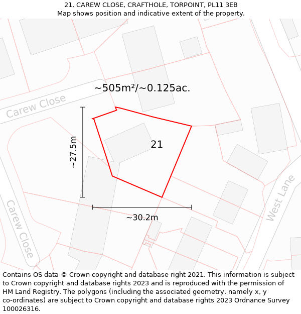 21, CAREW CLOSE, CRAFTHOLE, TORPOINT, PL11 3EB: Plot and title map