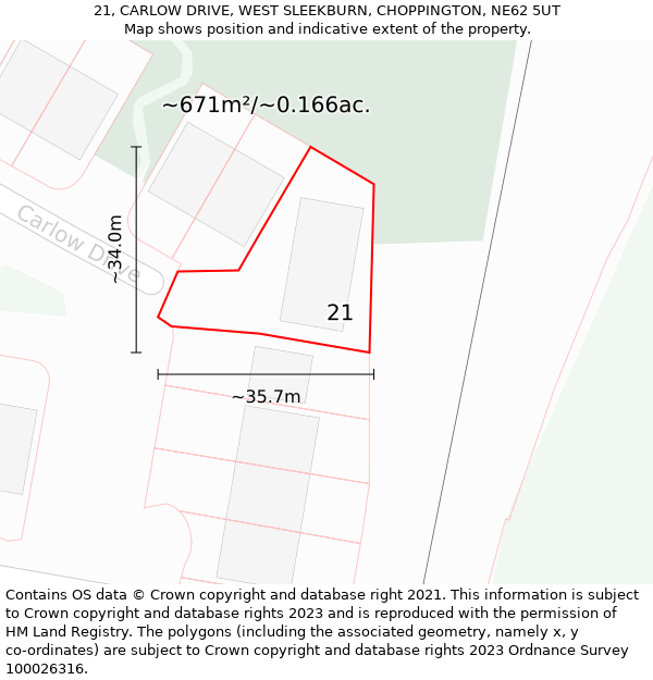 21, CARLOW DRIVE, WEST SLEEKBURN, CHOPPINGTON, NE62 5UT: Plot and title map