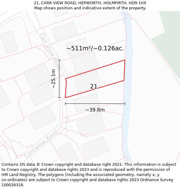 21, CARR VIEW ROAD, HEPWORTH, HOLMFIRTH, HD9 1HX: Plot and title map