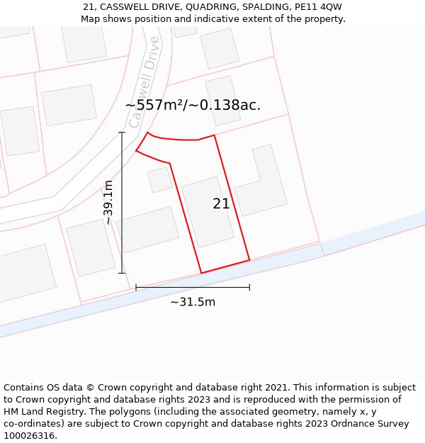 21, CASSWELL DRIVE, QUADRING, SPALDING, PE11 4QW: Plot and title map