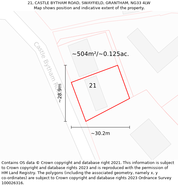 21, CASTLE BYTHAM ROAD, SWAYFIELD, GRANTHAM, NG33 4LW: Plot and title map