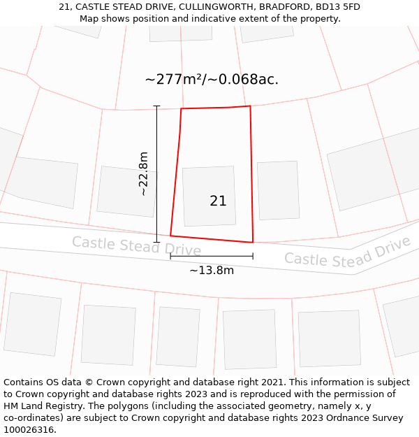 21, CASTLE STEAD DRIVE, CULLINGWORTH, BRADFORD, BD13 5FD: Plot and title map