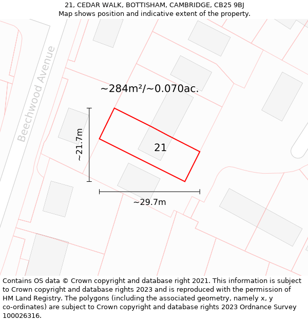 21, CEDAR WALK, BOTTISHAM, CAMBRIDGE, CB25 9BJ: Plot and title map