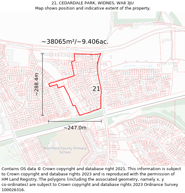 21, CEDARDALE PARK, WIDNES, WA8 3JU: Plot and title map