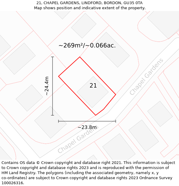 21, CHAPEL GARDENS, LINDFORD, BORDON, GU35 0TA: Plot and title map