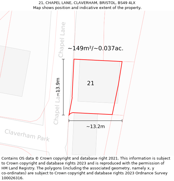 21, CHAPEL LANE, CLAVERHAM, BRISTOL, BS49 4LX: Plot and title map