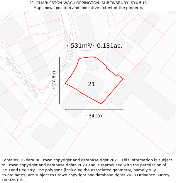 21, CHARLESTON WAY, LOPPINGTON, SHREWSBURY, SY4 5US: Plot and title map