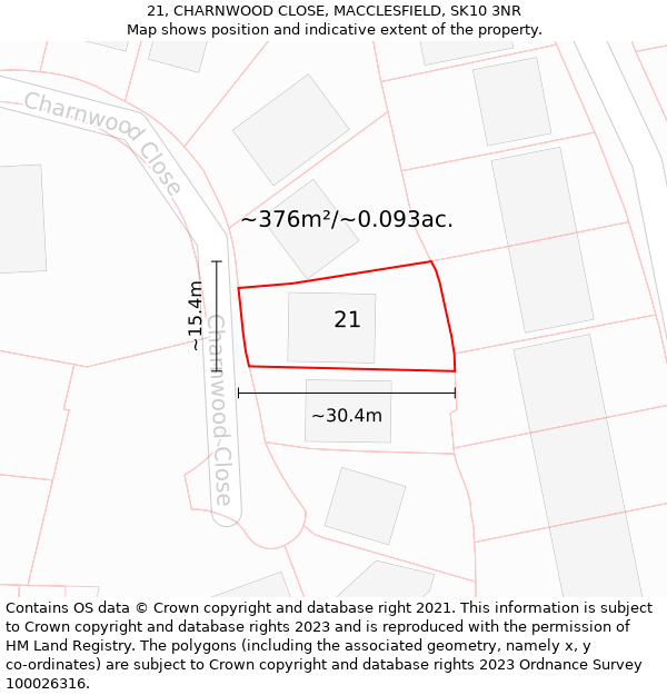 21, CHARNWOOD CLOSE, MACCLESFIELD, SK10 3NR: Plot and title map