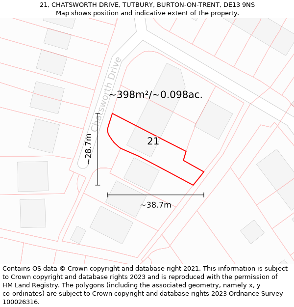 21, CHATSWORTH DRIVE, TUTBURY, BURTON-ON-TRENT, DE13 9NS: Plot and title map