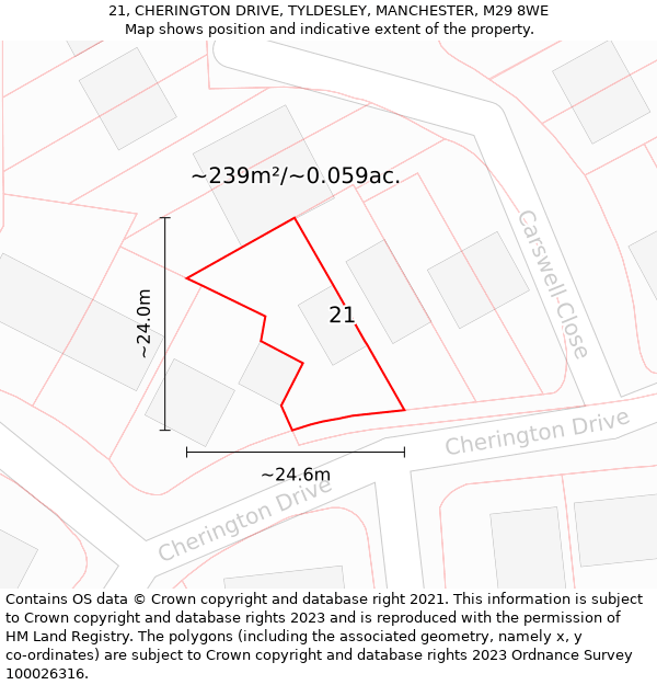 21, CHERINGTON DRIVE, TYLDESLEY, MANCHESTER, M29 8WE: Plot and title map