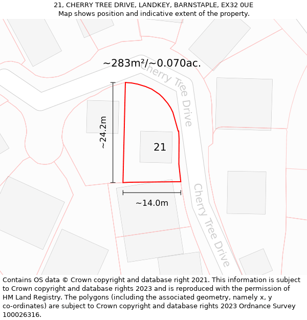 21, CHERRY TREE DRIVE, LANDKEY, BARNSTAPLE, EX32 0UE: Plot and title map