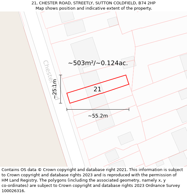 21, CHESTER ROAD, STREETLY, SUTTON COLDFIELD, B74 2HP: Plot and title map