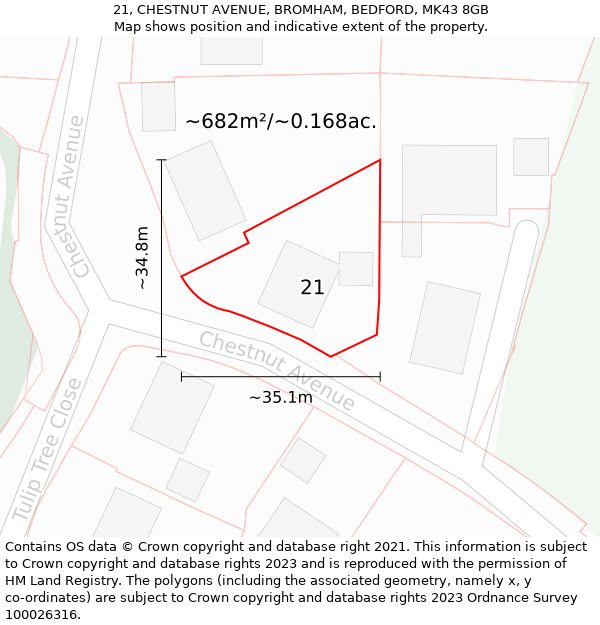 21, CHESTNUT AVENUE, BROMHAM, BEDFORD, MK43 8GB: Plot and title map