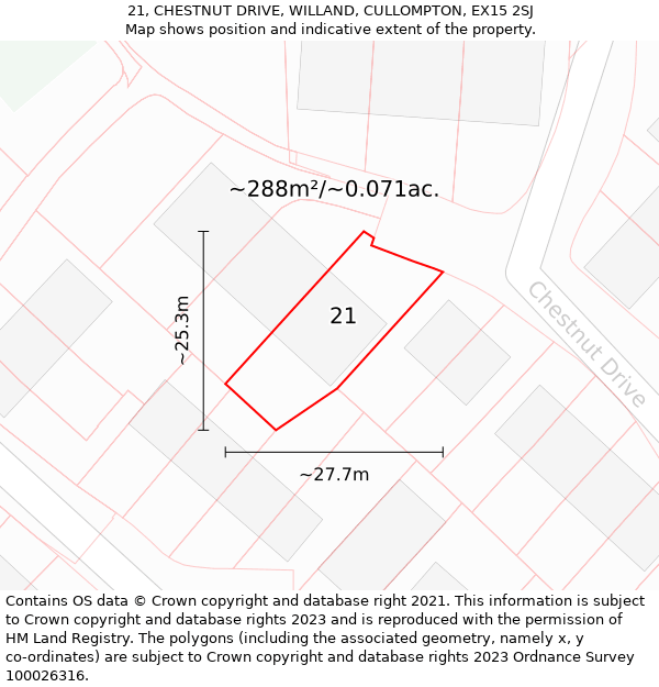 21, CHESTNUT DRIVE, WILLAND, CULLOMPTON, EX15 2SJ: Plot and title map