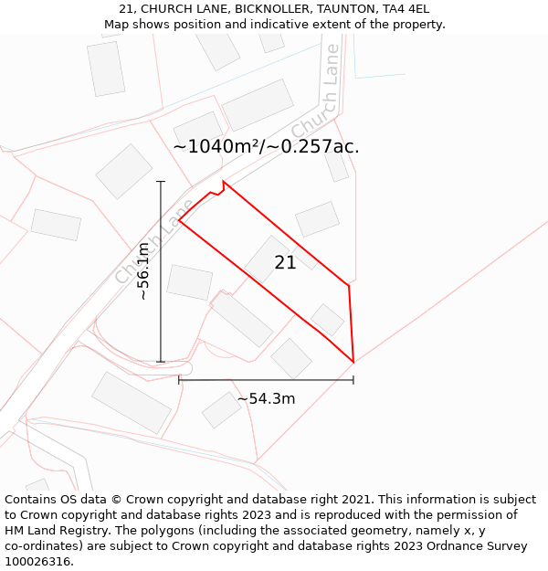 21, CHURCH LANE, BICKNOLLER, TAUNTON, TA4 4EL: Plot and title map