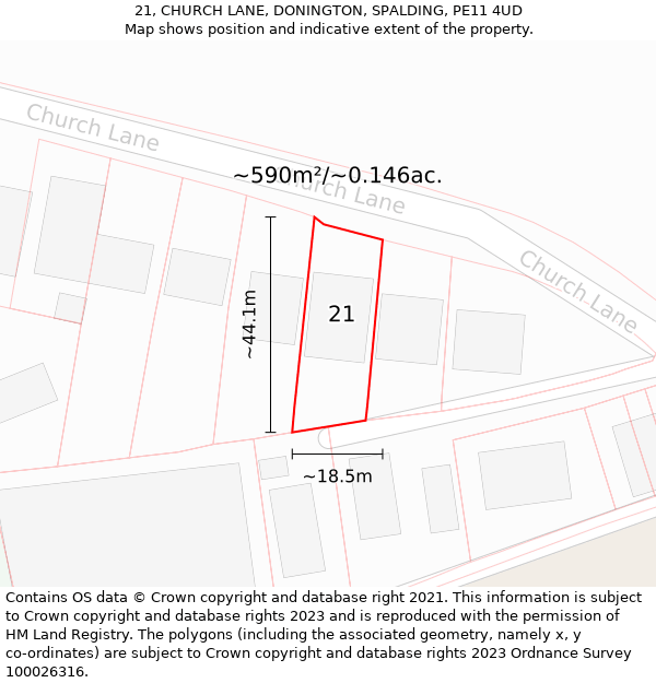 21, CHURCH LANE, DONINGTON, SPALDING, PE11 4UD: Plot and title map